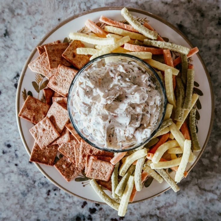 Easy Bacon Ranch and Cheese Dip served with crackers and veggie straws