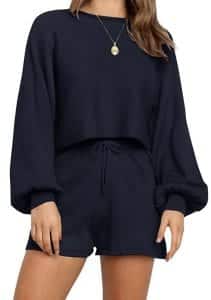 ZESICA Women's Casual Long Sleeve Solid Color Knit Pullover Sweatsuit 2 Piece Short Sweater Outfits Sets