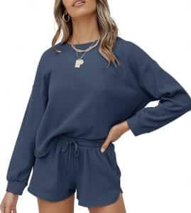 Amazon Cozy Lounge Wear ZESICA Women's Waffle Knit Long Sleeve Top and Shorts Pullover