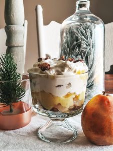 layered poached pear in white wine dessert
