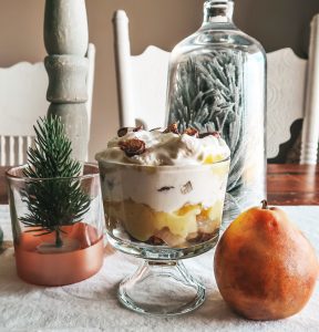 layered poached pear in white wine dessert