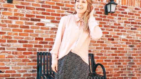 Loft Valentine's Day Outfit with pink blouse and black skirt