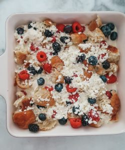 pour the milk, sugar, eggs, and cream cheese mixture ontop