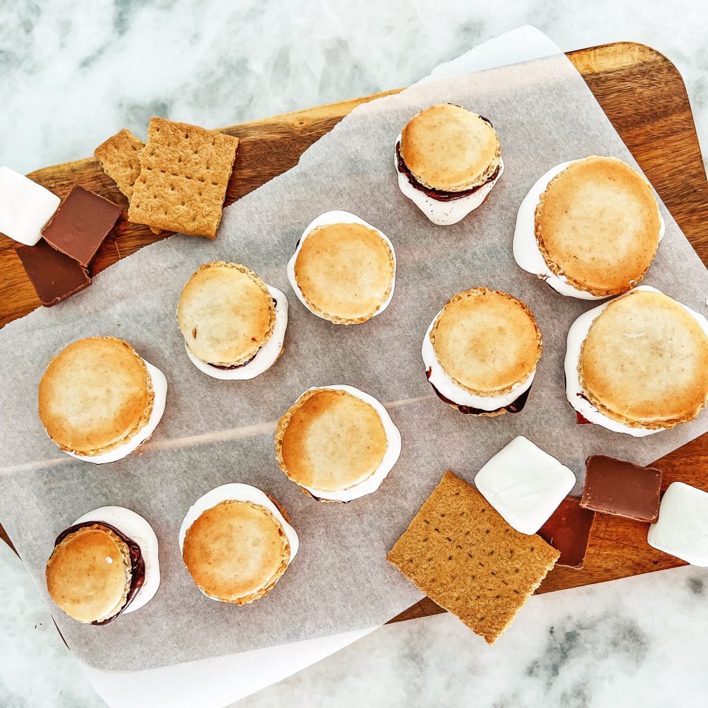 s'mores board with simple s'mores macarons