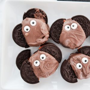 cookie dough bat bites made with cookie dough, oreos and chocolate melts