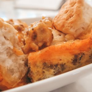 plating the sausage egg and cheese biscuit casserole