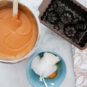 preparing cream cheese filling for simple cinnamon pumpkin & cream cheese cake