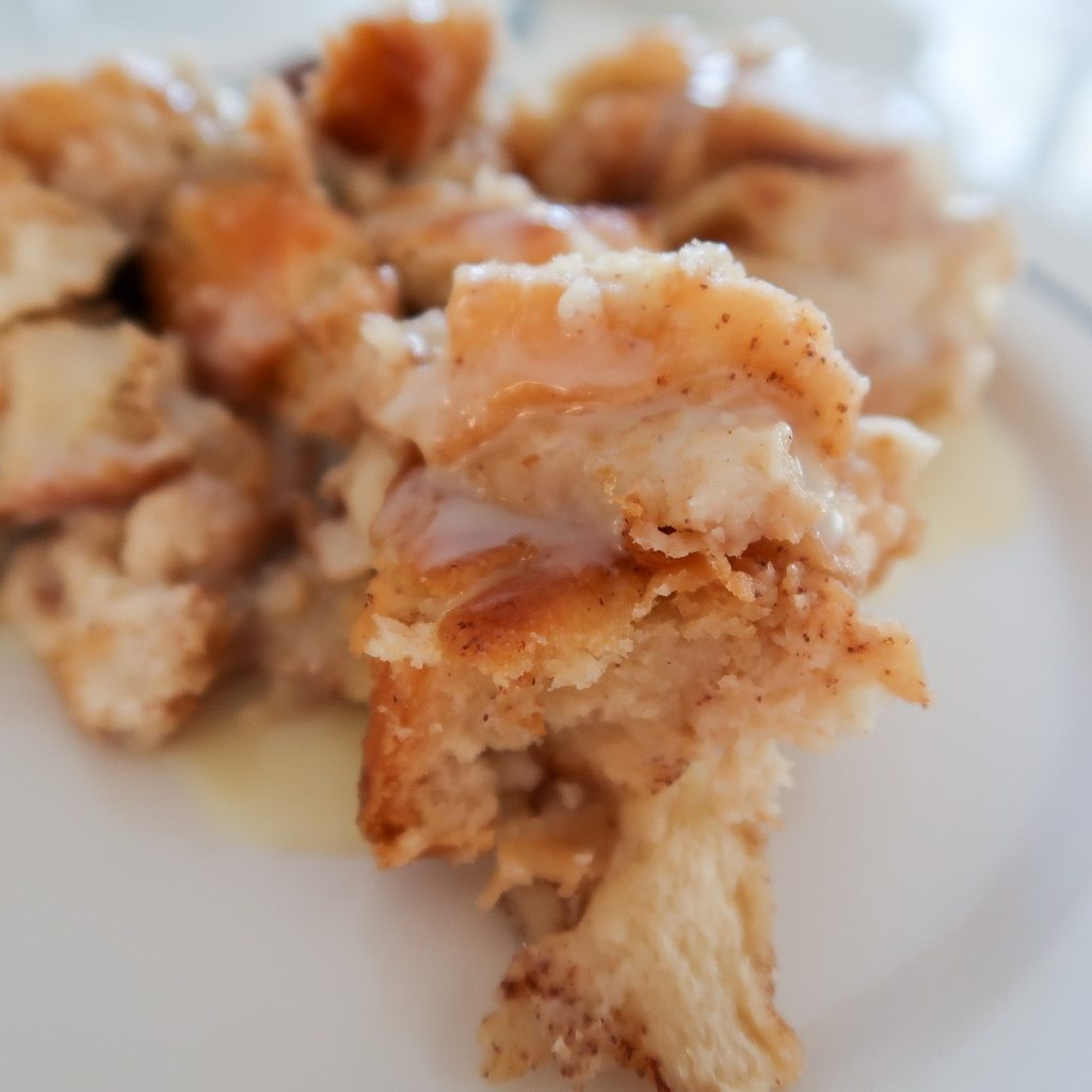 Overnight Donut Bread Pudding with White Chocolate Glaze