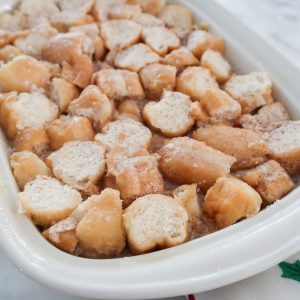 preparing the stale donuts for donut bread pudding