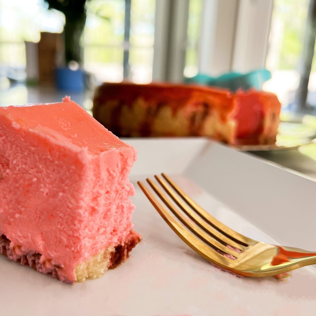 a slice of pink Easter cheesecake