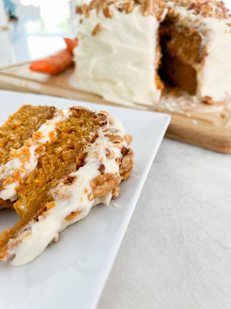 slice of the best moist carrot cake