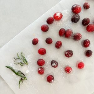candying the cranberries and rosemary sprigs